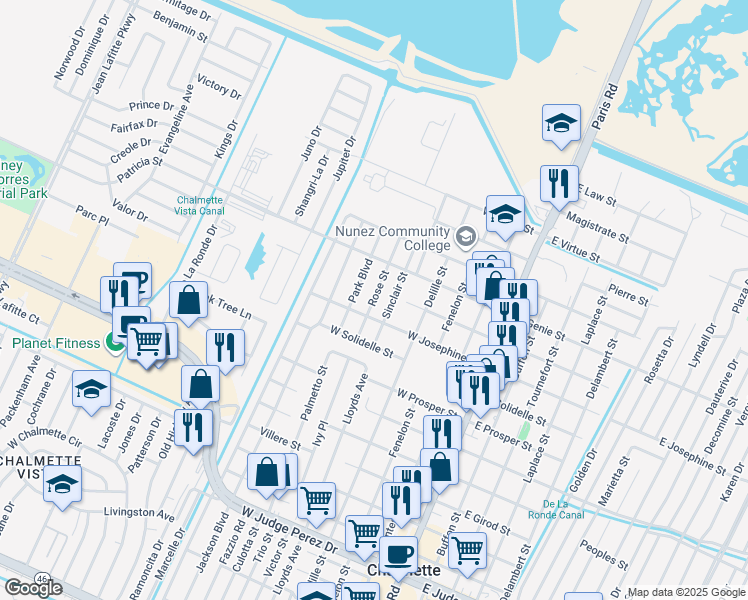 map of restaurants, bars, coffee shops, grocery stores, and more near 3504 Park Boulevard in Chalmette