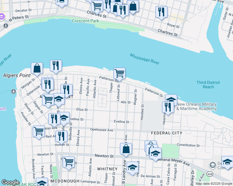 map of restaurants, bars, coffee shops, grocery stores, and more near 229 Leboeuf Street in New Orleans