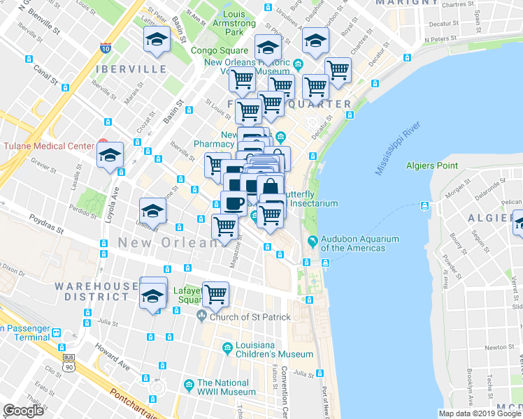 map of restaurants, bars, coffee shops, grocery stores, and more near in New Orleans