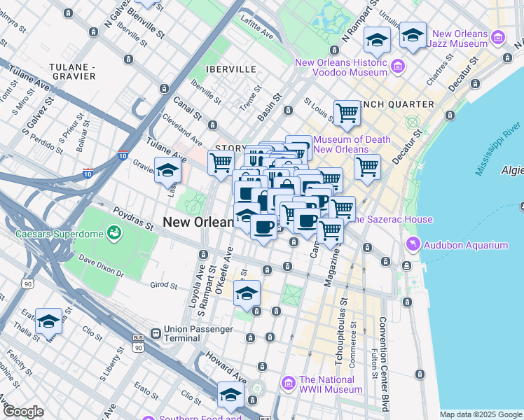 map of restaurants, bars, coffee shops, grocery stores, and more near 817 Common Street in New Orleans