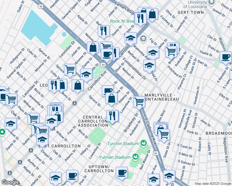 map of restaurants, bars, coffee shops, grocery stores, and more near 2239 Fern Street in New Orleans