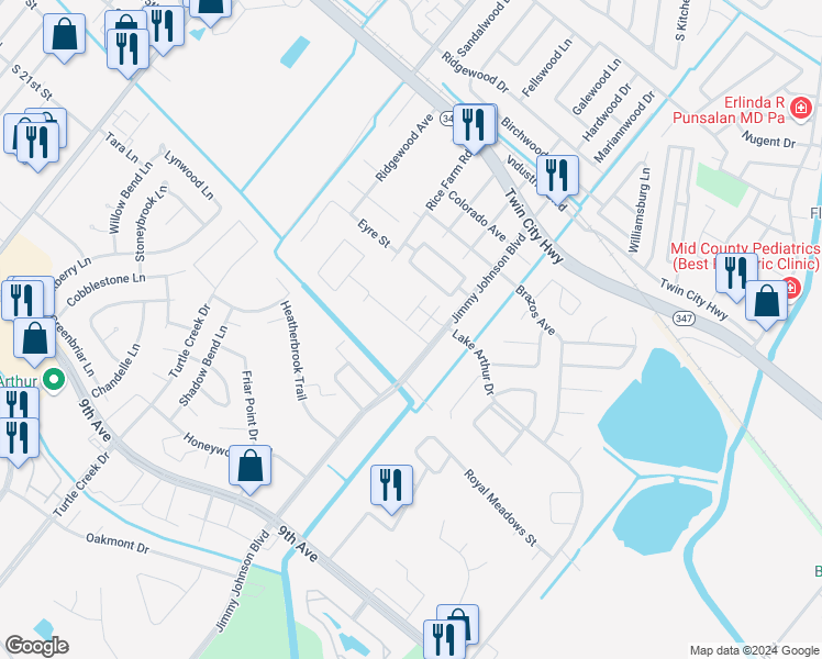 map of restaurants, bars, coffee shops, grocery stores, and more near 4585 Jimmy Johnson Boulevard in Port Arthur