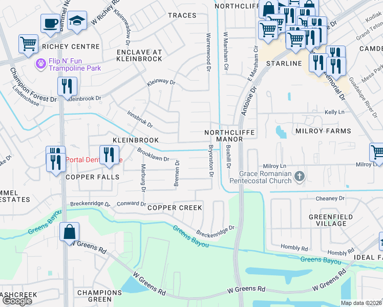 map of restaurants, bars, coffee shops, grocery stores, and more near 3827 Trevor Hill Drive in Houston
