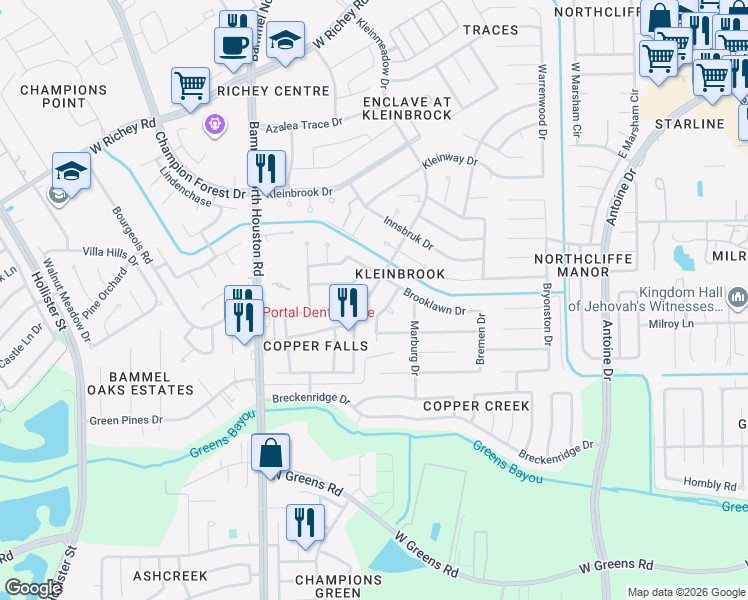 map of restaurants, bars, coffee shops, grocery stores, and more near 12070 Kleinmeadow Drive in Houston