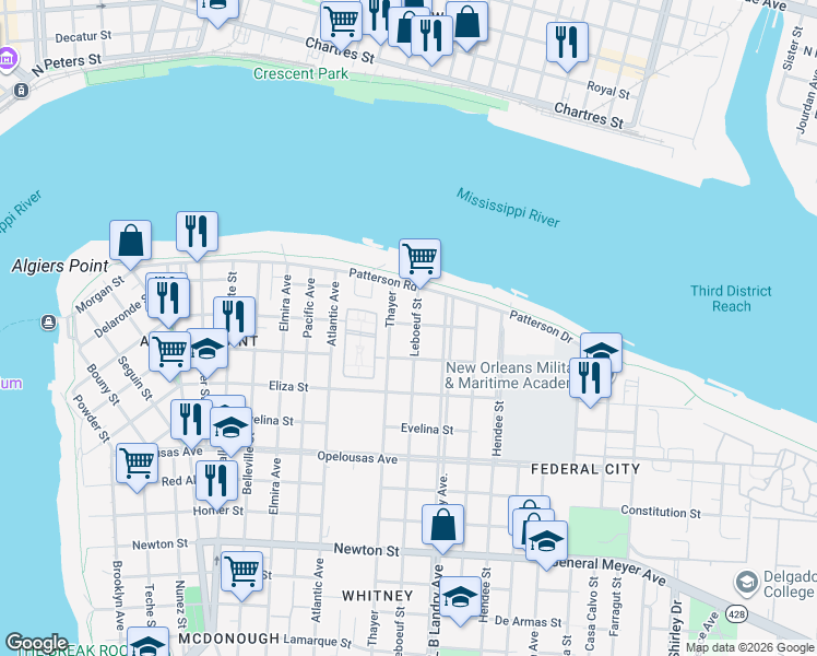 map of restaurants, bars, coffee shops, grocery stores, and more near 229 Leboeuf Street in New Orleans