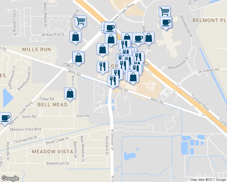 map of restaurants, bars, coffee shops, grocery stores, and more near 8255 Mills Road in Houston