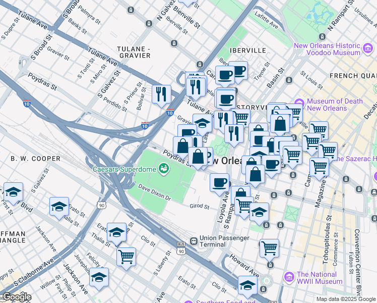 map of restaurants, bars, coffee shops, grocery stores, and more near 1555 Poydras Street in New Orleans