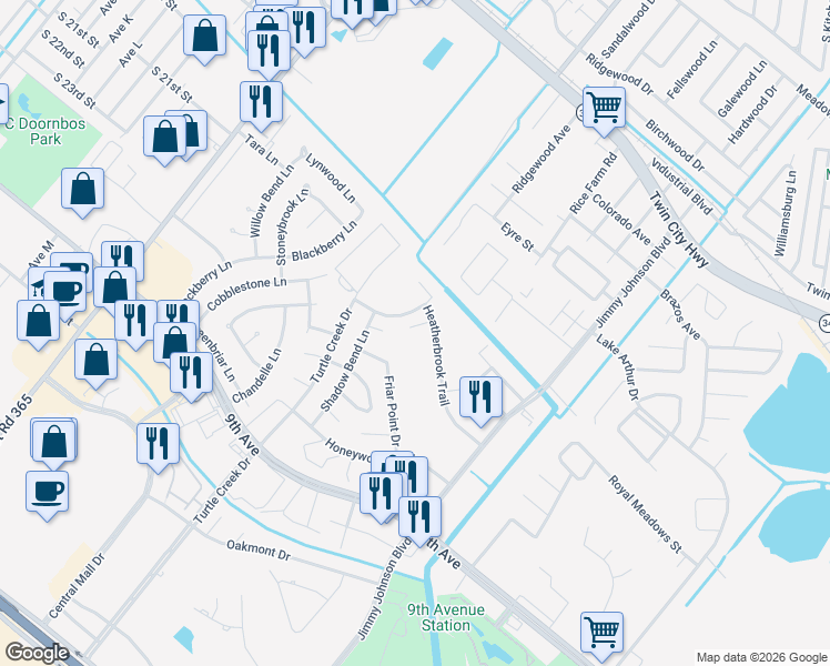 map of restaurants, bars, coffee shops, grocery stores, and more near 4113 Timber Leaf Court in Port Arthur