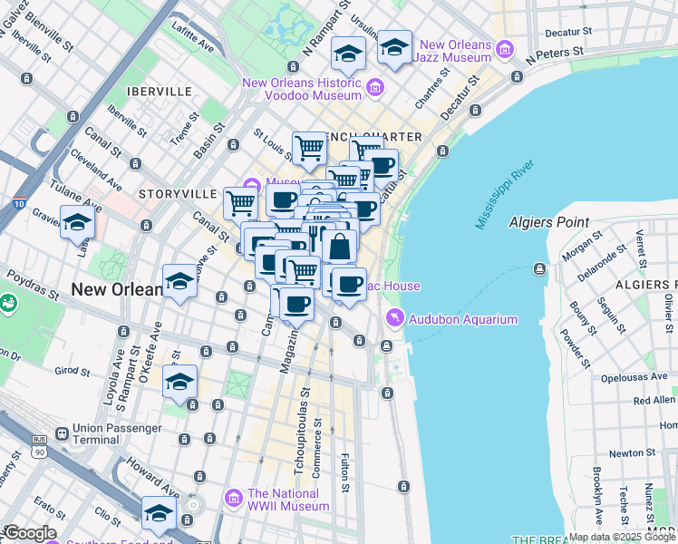 map of restaurants, bars, coffee shops, grocery stores, and more near in New Orleans