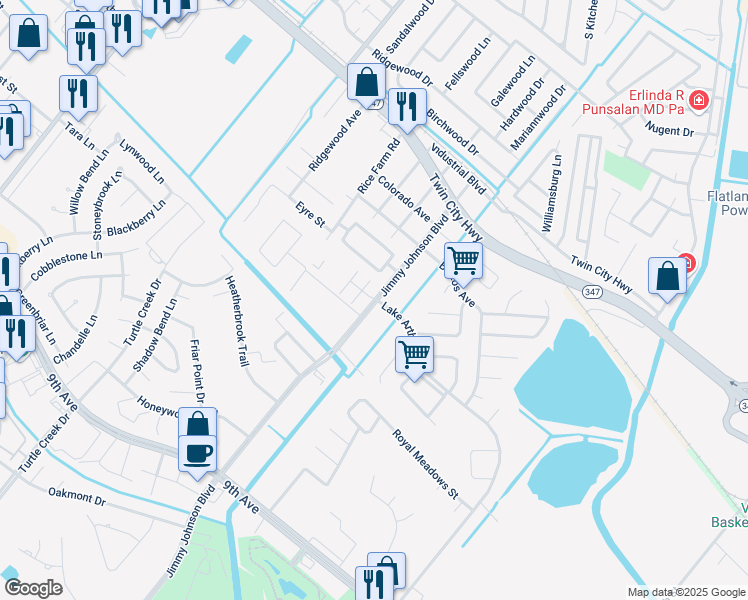 map of restaurants, bars, coffee shops, grocery stores, and more near 7605 Spring Meadow Lane in Port Arthur