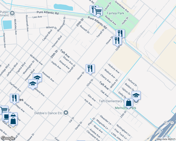 map of restaurants, bars, coffee shops, grocery stores, and more near 3438 Taft Avenue in Groves