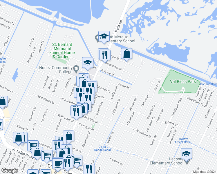 map of restaurants, bars, coffee shops, grocery stores, and more near 3715 Tournefort Street in Chalmette