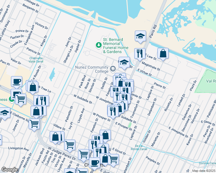 map of restaurants, bars, coffee shops, grocery stores, and more near 3614 Fenelon Street in Chalmette