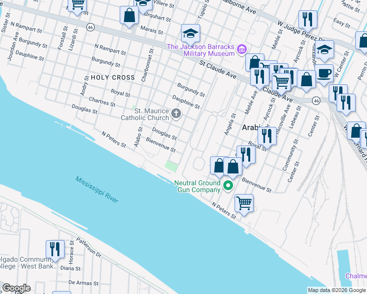 map of restaurants, bars, coffee shops, grocery stores, and more near 432 Tricou Street in New Orleans