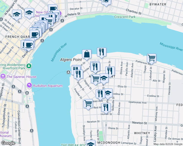 map of restaurants, bars, coffee shops, grocery stores, and more near 321 Delaronde Street in New Orleans