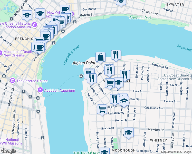 map of restaurants, bars, coffee shops, grocery stores, and more near 225 Morgan Street in New Orleans
