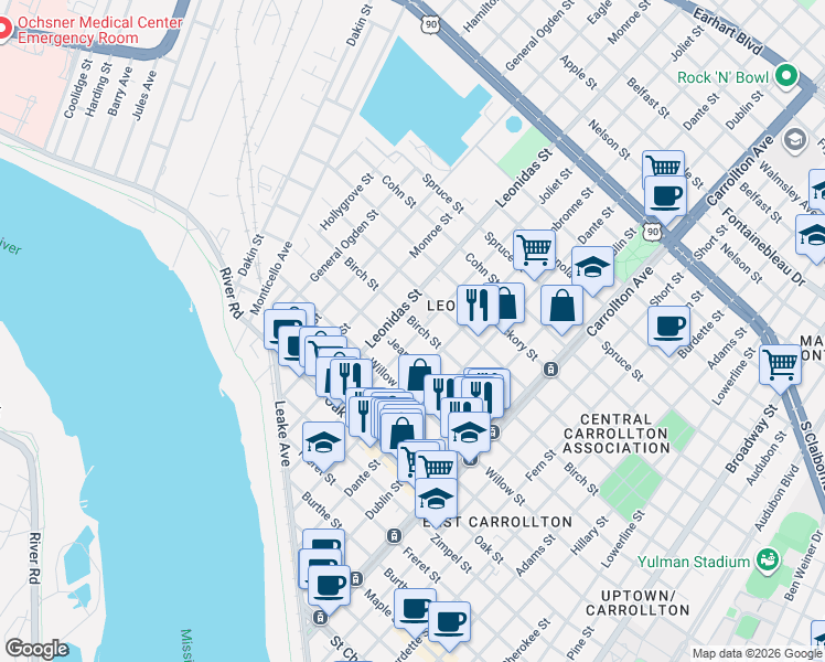map of restaurants, bars, coffee shops, grocery stores, and more near 8526 Birch Street in New Orleans