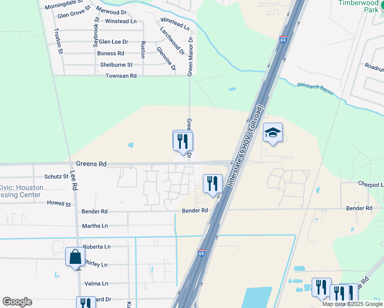 map of restaurants, bars, coffee shops, grocery stores, and more near 16030 Green Manor Drive in Humble