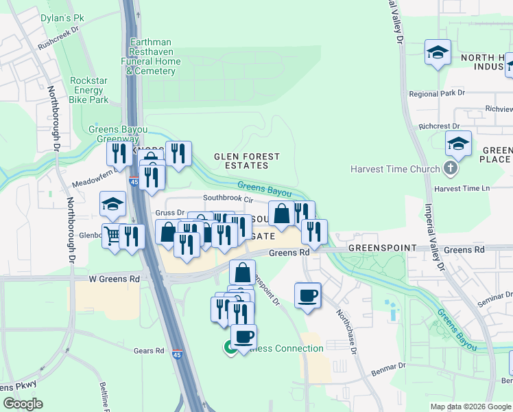 map of restaurants, bars, coffee shops, grocery stores, and more near 311 Southbrook Circle in Houston
