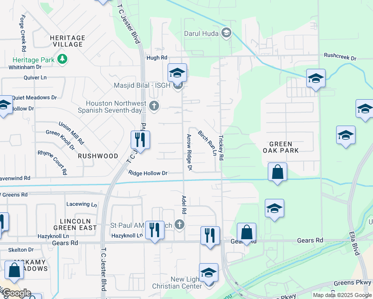 map of restaurants, bars, coffee shops, grocery stores, and more near 11723 Arrow Ridge Drive in Houston
