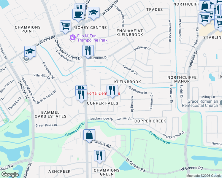 map of restaurants, bars, coffee shops, grocery stores, and more near 5126 Verdenbruk Drive in Houston