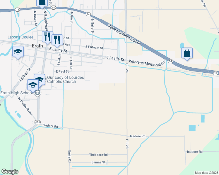 map of restaurants, bars, coffee shops, grocery stores, and more near 130-3220 Par Road P-1-80 in Erath