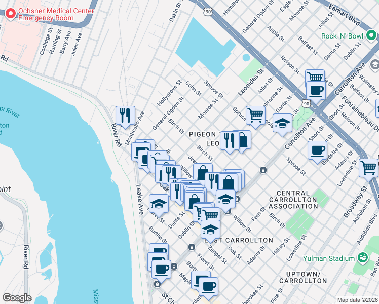 map of restaurants, bars, coffee shops, grocery stores, and more near 8627 Jeannette Street in New Orleans
