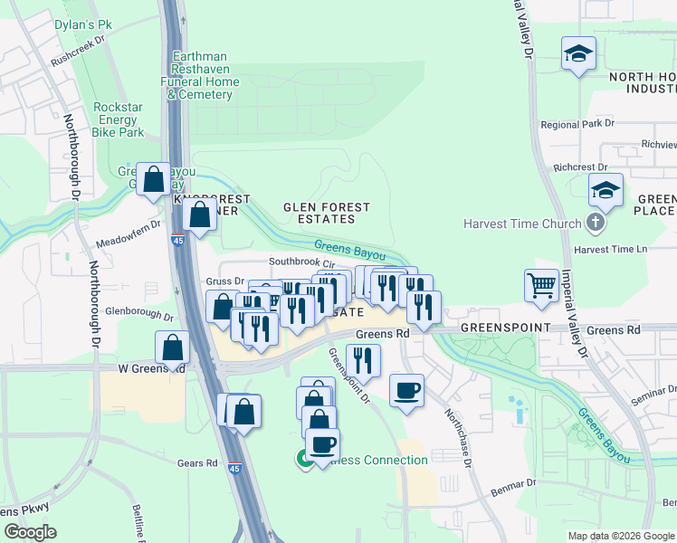 map of restaurants, bars, coffee shops, grocery stores, and more near 311 Southbrook Circle in Houston