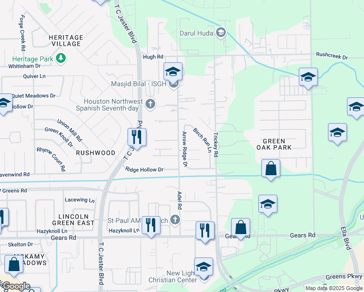 map of restaurants, bars, coffee shops, grocery stores, and more near 11723 Arrow Ridge Drive in Houston