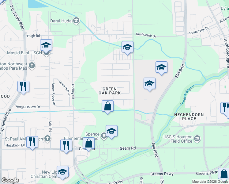 map of restaurants, bars, coffee shops, grocery stores, and more near 1238 Cross Draw Drive in Houston