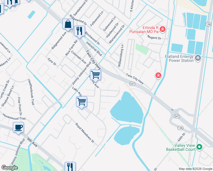 map of restaurants, bars, coffee shops, grocery stores, and more near 7335 Indian River Drive in Port Arthur