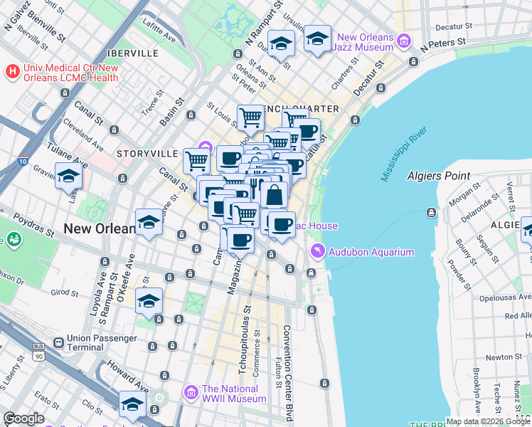 map of restaurants, bars, coffee shops, grocery stores, and more near in New Orleans