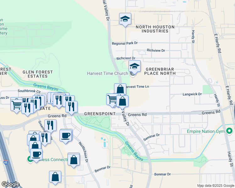 map of restaurants, bars, coffee shops, grocery stores, and more near 17977-18233 Imperial Valley Drive in Houston