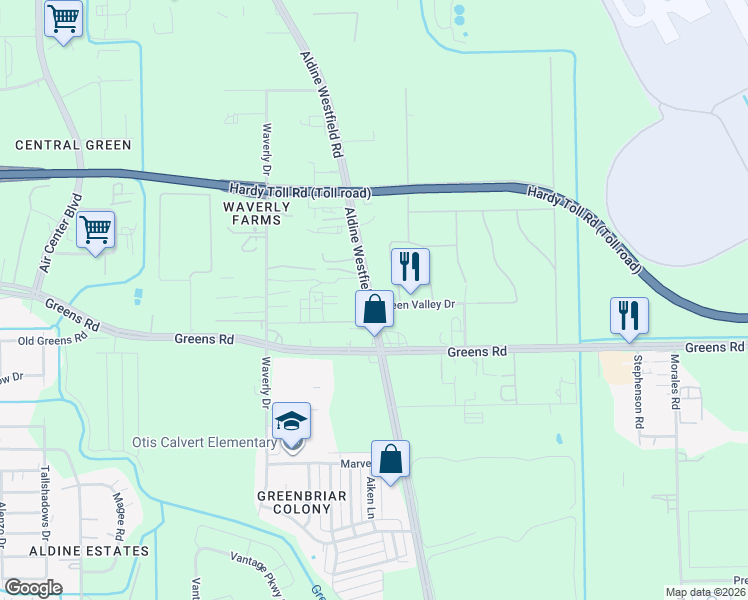 map of restaurants, bars, coffee shops, grocery stores, and more near 16125 Aldine Westfield Road in Houston