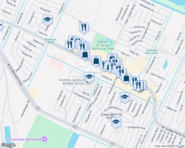 map of restaurants, bars, coffee shops, grocery stores, and more near 3024 Jean Lafitte Parkway in Chalmette