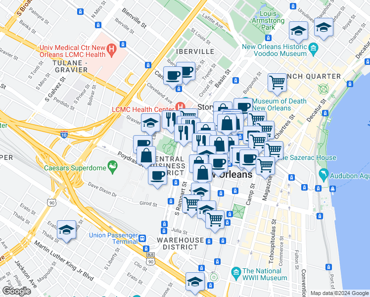 map of restaurants, bars, coffee shops, grocery stores, and more near 330 Loyola Avenue in New Orleans