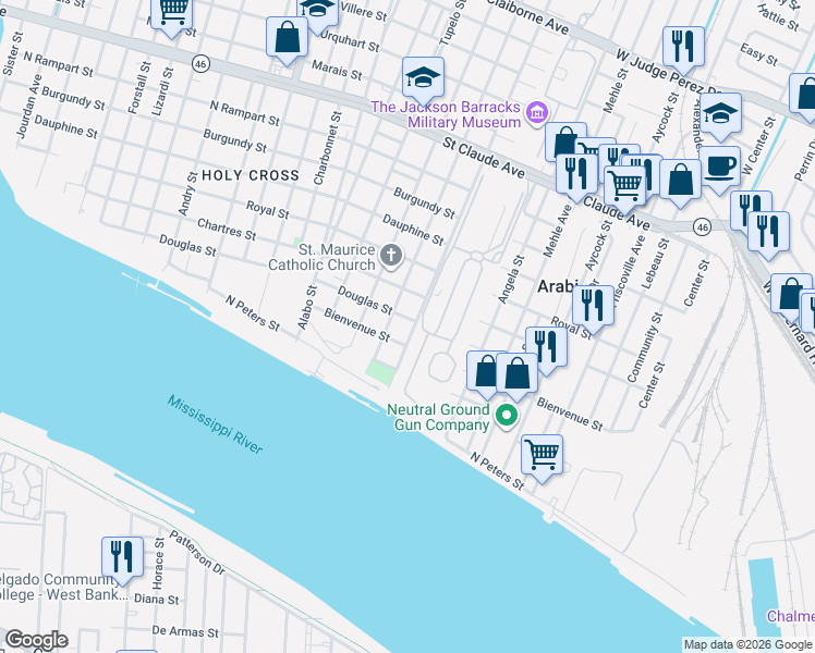 map of restaurants, bars, coffee shops, grocery stores, and more near 432 Tricou Street in New Orleans