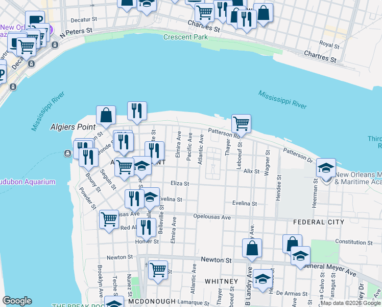 map of restaurants, bars, coffee shops, grocery stores, and more near 231 Atlantic Avenue in New Orleans