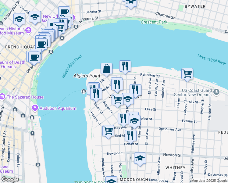 map of restaurants, bars, coffee shops, grocery stores, and more near 321 Delaronde Street in New Orleans