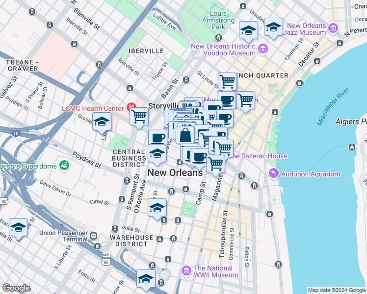 map of restaurants, bars, coffee shops, grocery stores, and more near 800 Canal Street in New Orleans