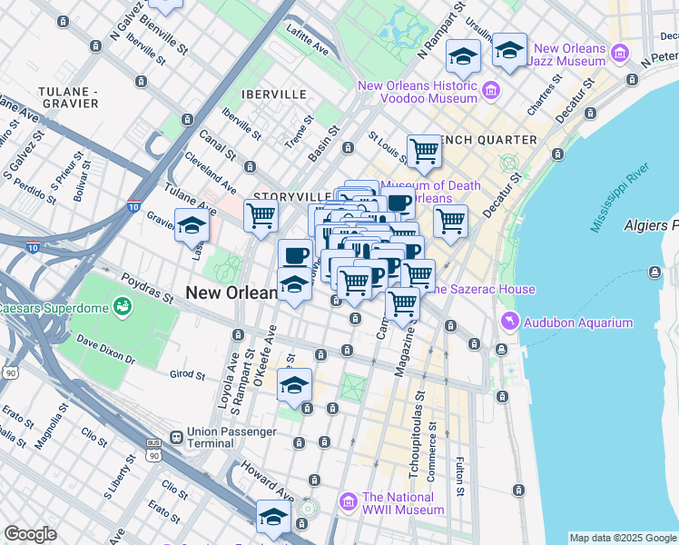 map of restaurants, bars, coffee shops, grocery stores, and more near 800 Canal Street in New Orleans