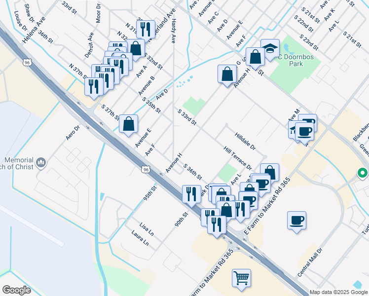 map of restaurants, bars, coffee shops, grocery stores, and more near 3502 Avenue H in Nederland