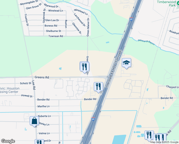 map of restaurants, bars, coffee shops, grocery stores, and more near 16030 Green Manor Drive in Humble