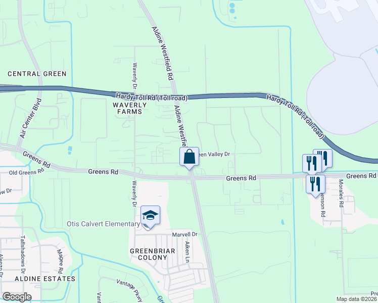 map of restaurants, bars, coffee shops, grocery stores, and more near 16125 Aldine Westfield Road in Houston