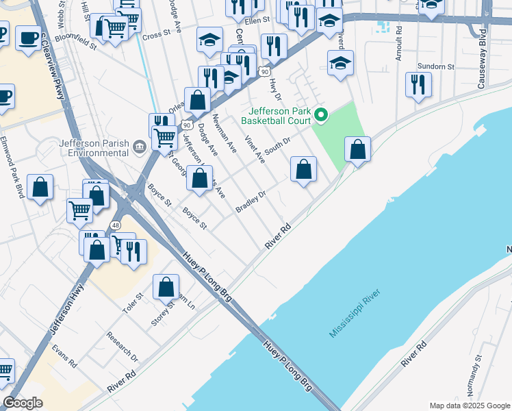 map of restaurants, bars, coffee shops, grocery stores, and more near 158 Newman Avenue in Jefferson