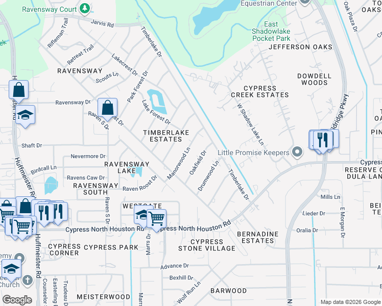 map of restaurants, bars, coffee shops, grocery stores, and more near 12619 Manorwood Lane in Cypress