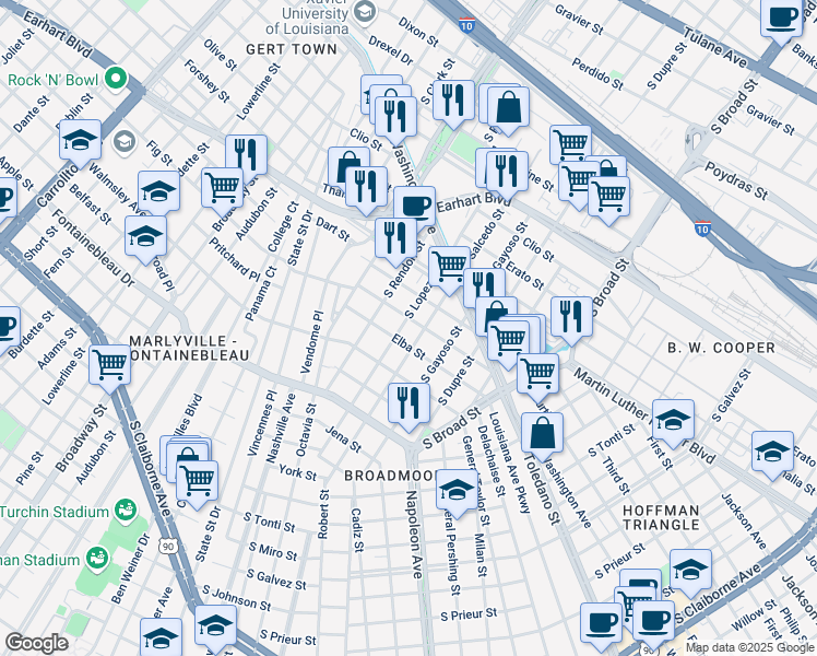 map of restaurants, bars, coffee shops, grocery stores, and more near 4418 Eden Street in New Orleans