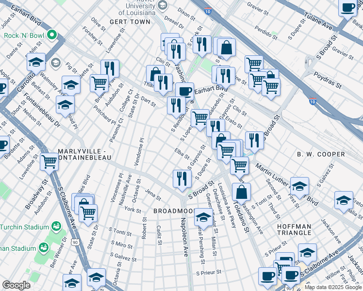 map of restaurants, bars, coffee shops, grocery stores, and more near 4418 Eden Street in New Orleans