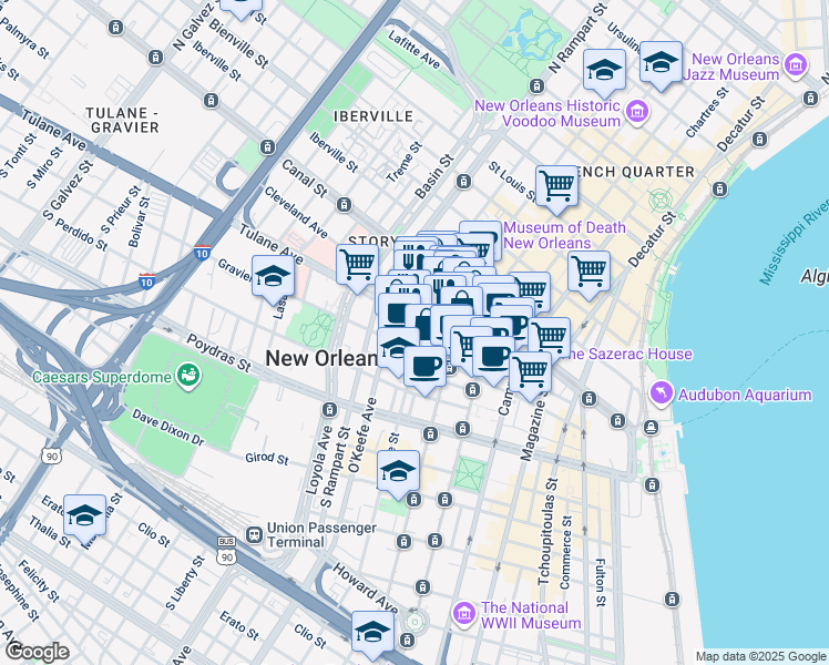 map of restaurants, bars, coffee shops, grocery stores, and more near 817 Common Street in New Orleans