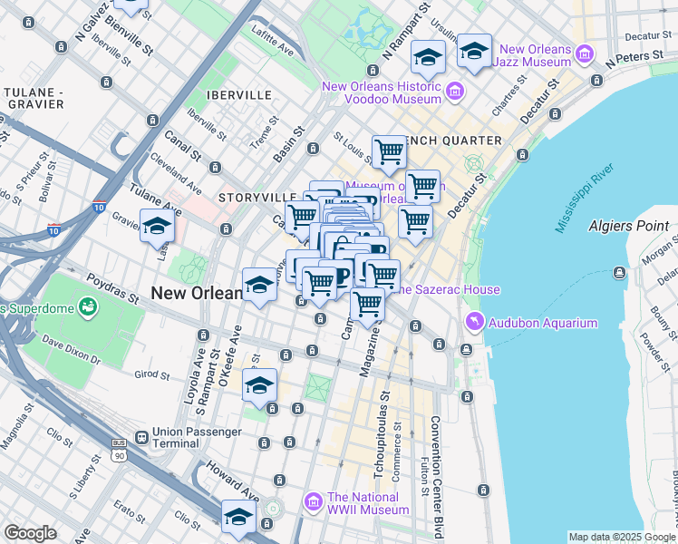 map of restaurants, bars, coffee shops, grocery stores, and more near 700 Canal Street in New Orleans